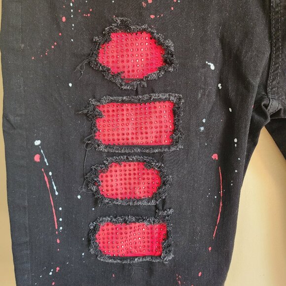Waimea Men's Distressed Black Red Patch Paint Splatter Jeans Shorts Size 36 NWT - Picture 3 of 11